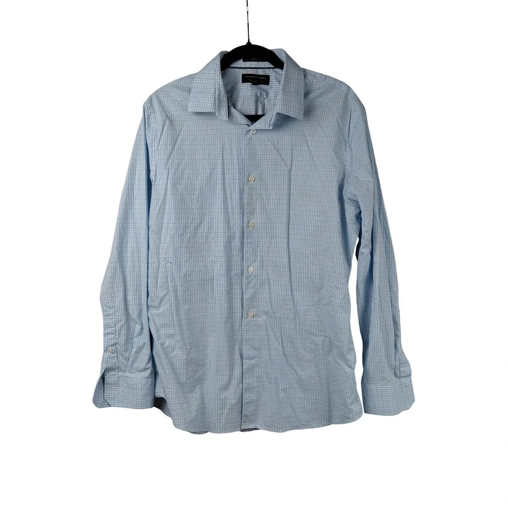 Banana‎ Republic Mens Athletic Fit Gingham Shirt Blue White Wrinkle Resistant M